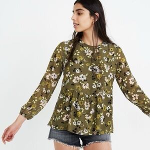Madewell Georgette Peplum WildBlooms Green Floral Long Sleeve Blouse Size Small